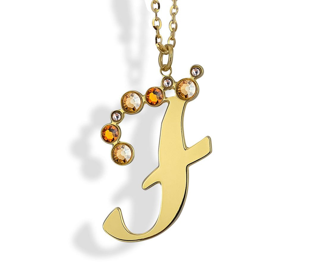 Collana Boccadamo Mediterranea Je Suis Bronzo Pvd Oro Pendente Lettera F Cristalli Ambra e Champagne