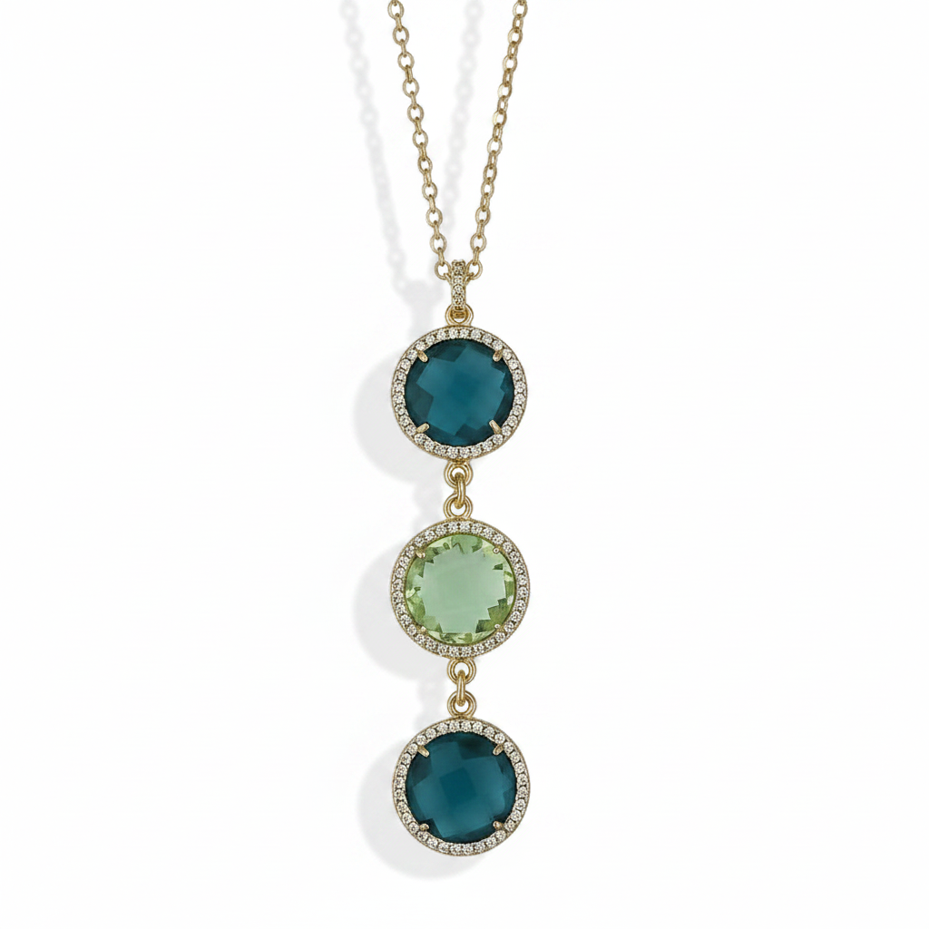 Collana Boccadamo Mediterranea Sharada Bronzo Pvd Oro Pendente Cristalli Sfaccettati Contornati Azzurro/Verde