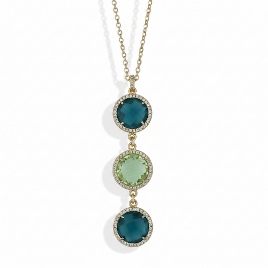 Collana Boccadamo Mediterranea Sharada Bronzo Pvd Oro Pendente Cristalli Sfaccettati Contornati Azzurro/Verde