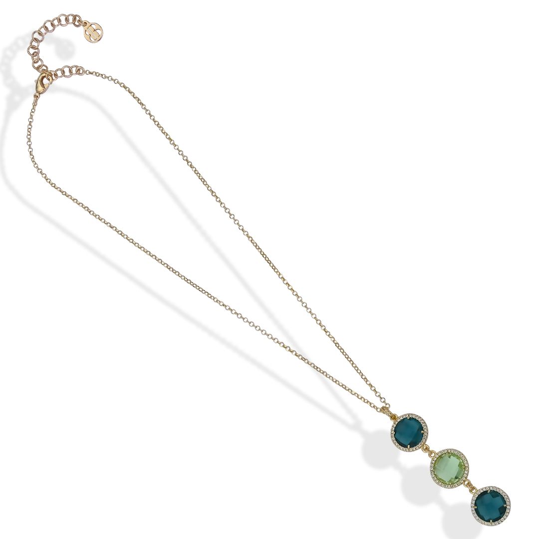 Collana Boccadamo Mediterranea Sharada Bronzo Pvd Oro Pendente Cristalli Sfaccettati Contornati Azzurro/Verde