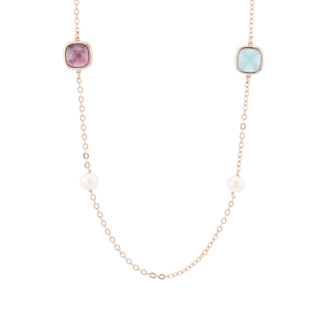 Collana Lunga Boccadamo Mediterranea Crisette Bronzo Pvd Oro Rosa Con Perle E Cristalli Multicolor