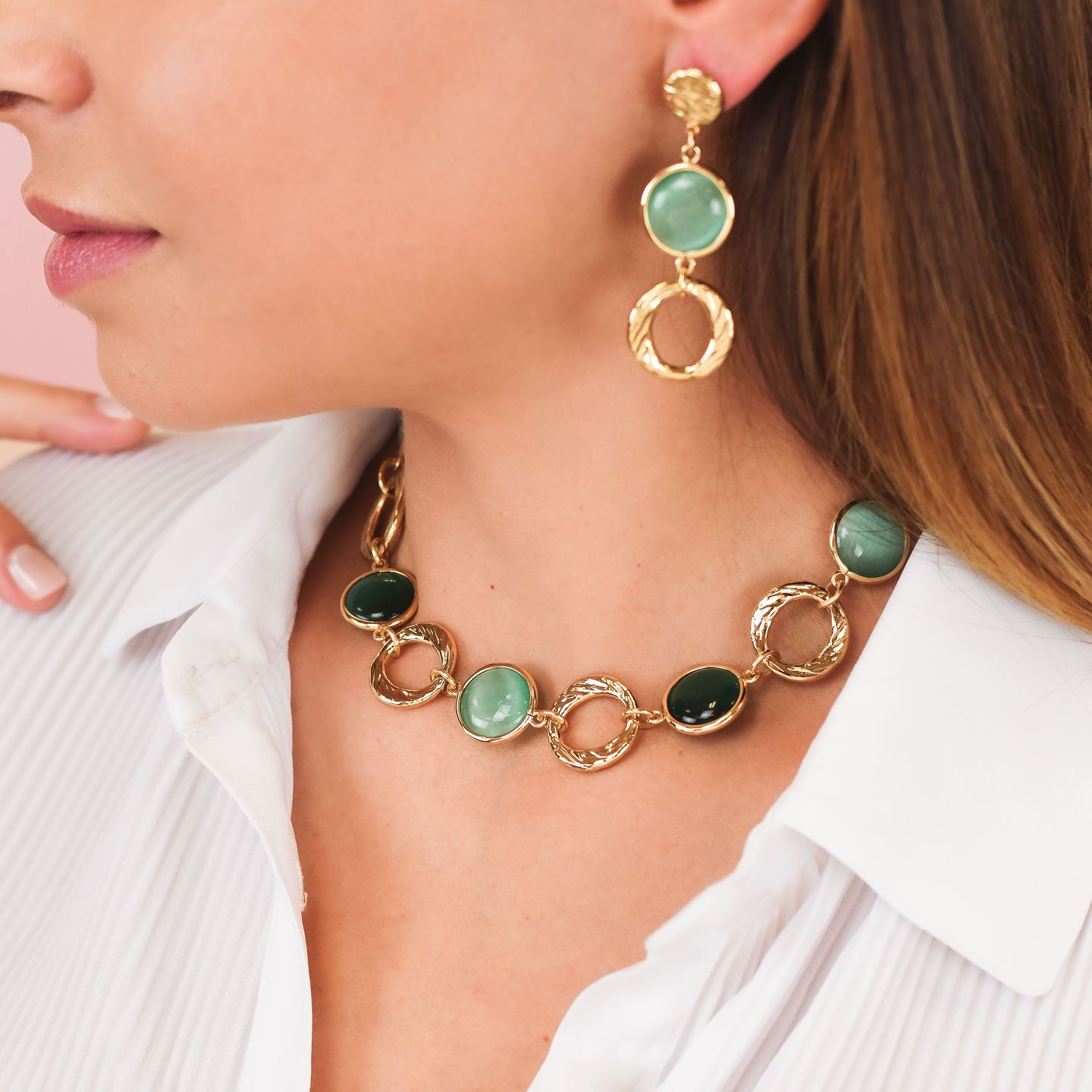 Collana Boccadamo Mediterranea Crisette Bronzo Pvd Oro e Cristalli Verdi