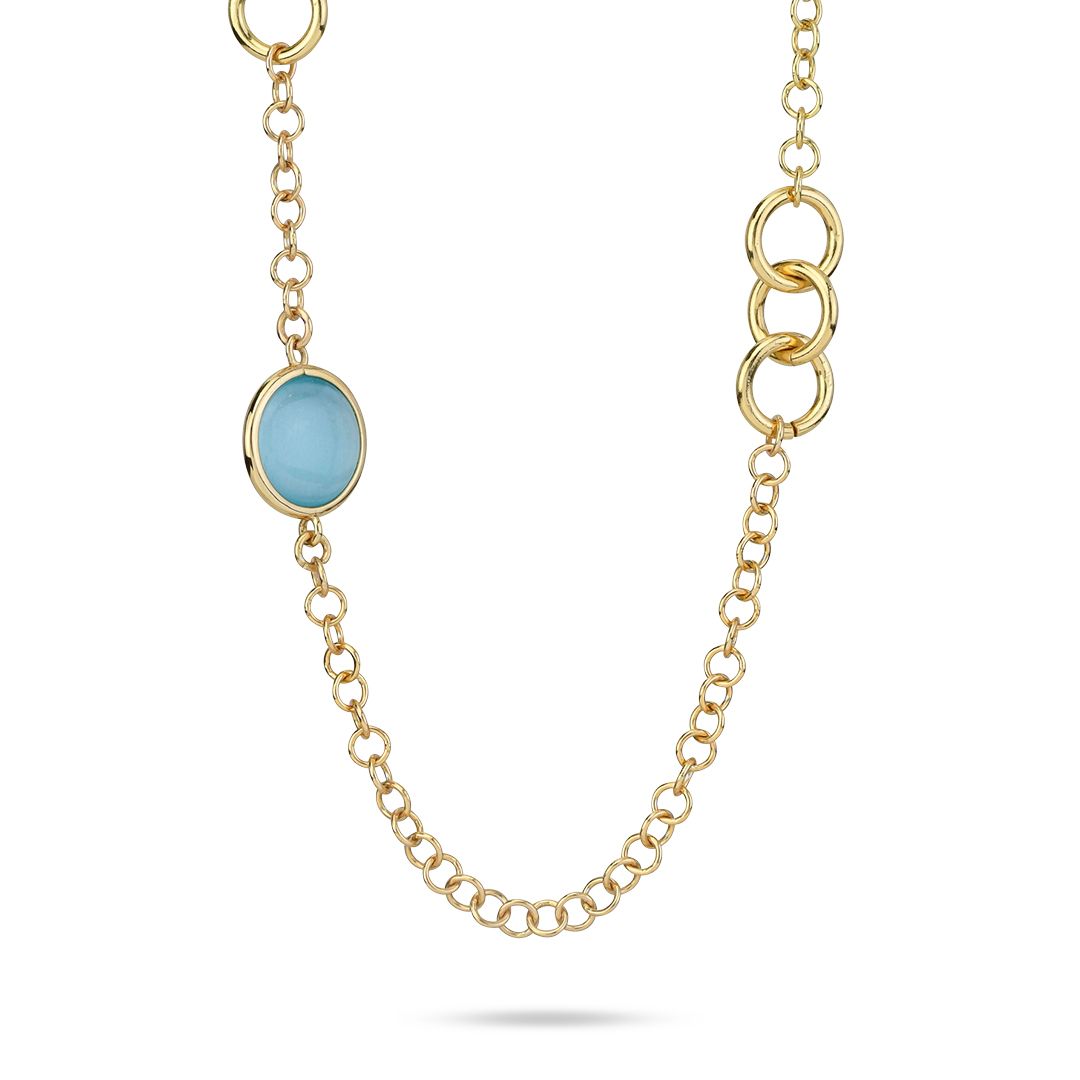 Collana Lunga Boccadamo Mediterranea Bronzo Pvd Oro Elementi Traforati Cristalli Cabochon Azzurri