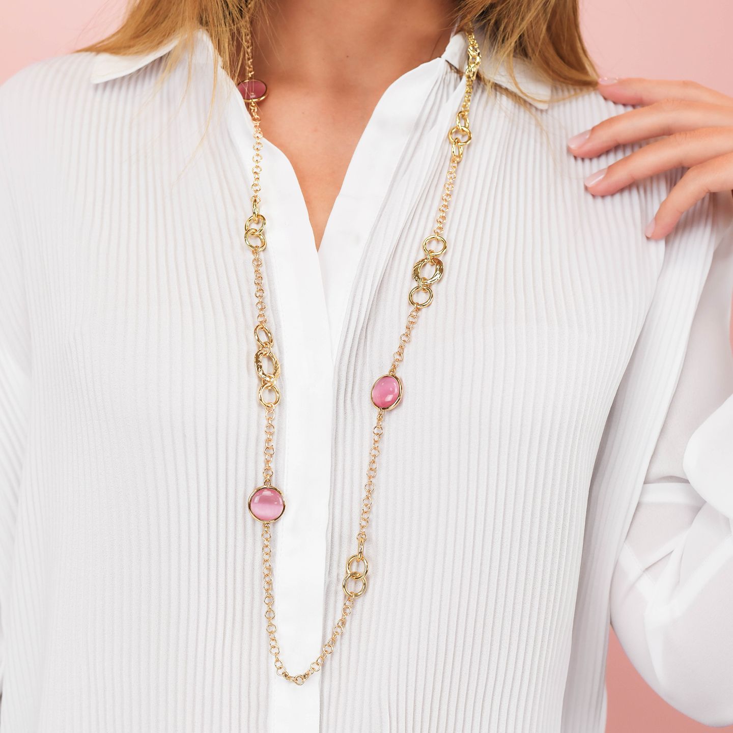 Collana Lunga Boccadamo Mediterranea Crisette Bronzo Pvd Oro con Cristalli Cabochon Rosa