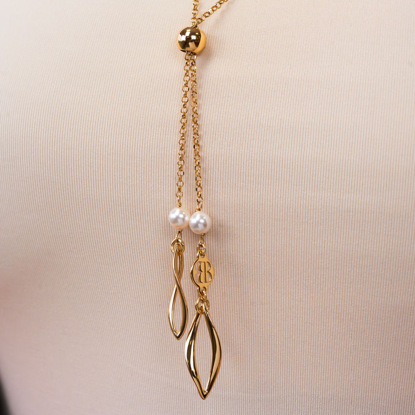 Collana Boccadamo Mediterranea Crisette Bronzo Pvd Oro Maglia Rolò Pendente Saliscendi e Perle