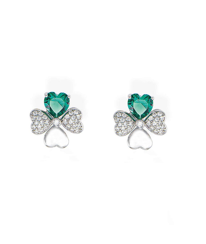 Orecchini Lobo Amen Quadricuore Argento Quadrifoglio Zirconi Bianco/Verde