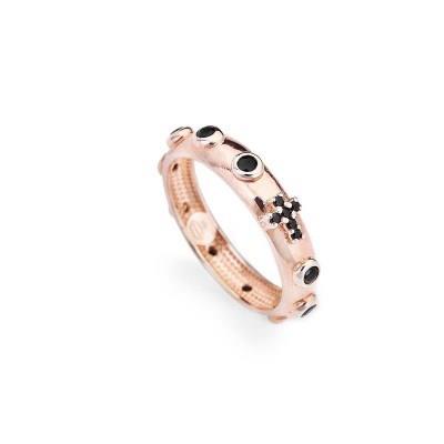 Anello Amen I Rosari Argento Rosato Zirconi Neri e Croce - Misura 14