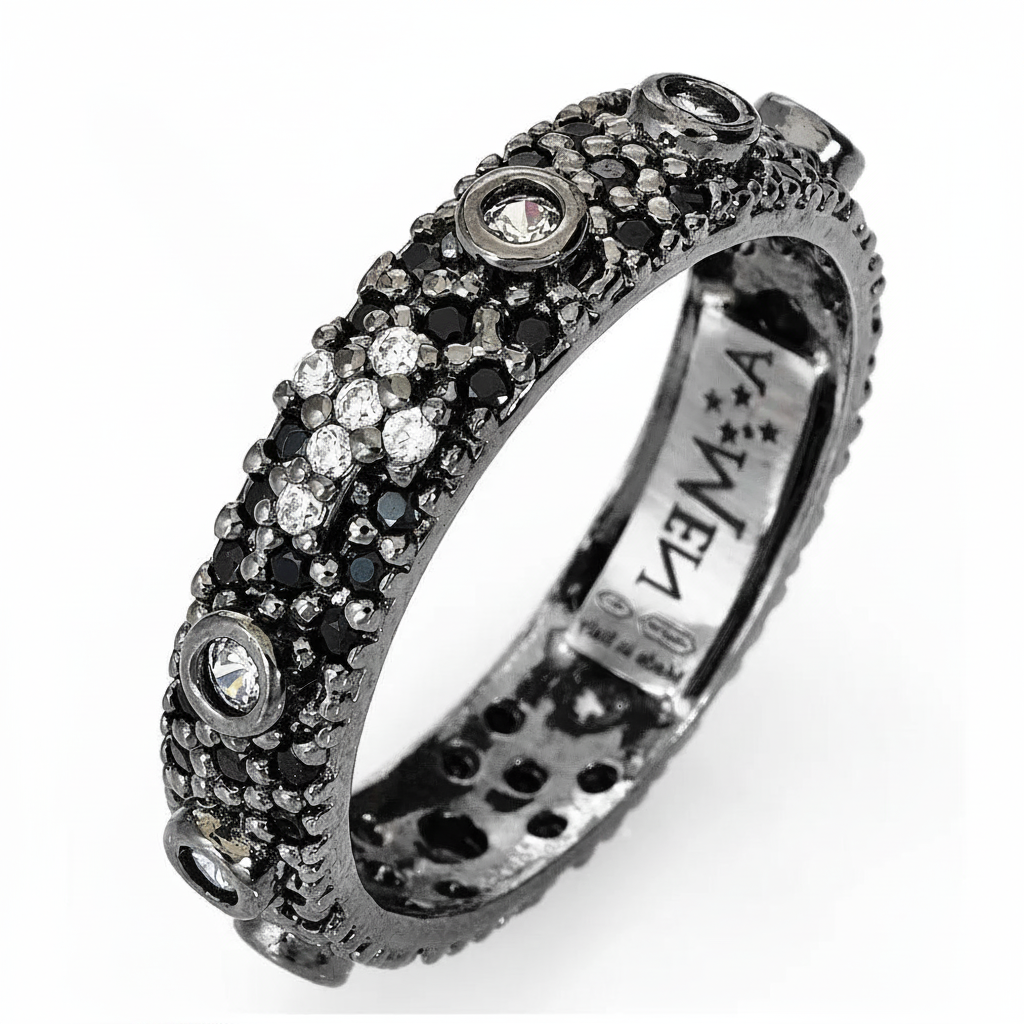Anello Amen I Rosari Argento Brunito e Zirconi Neri - Misura 16