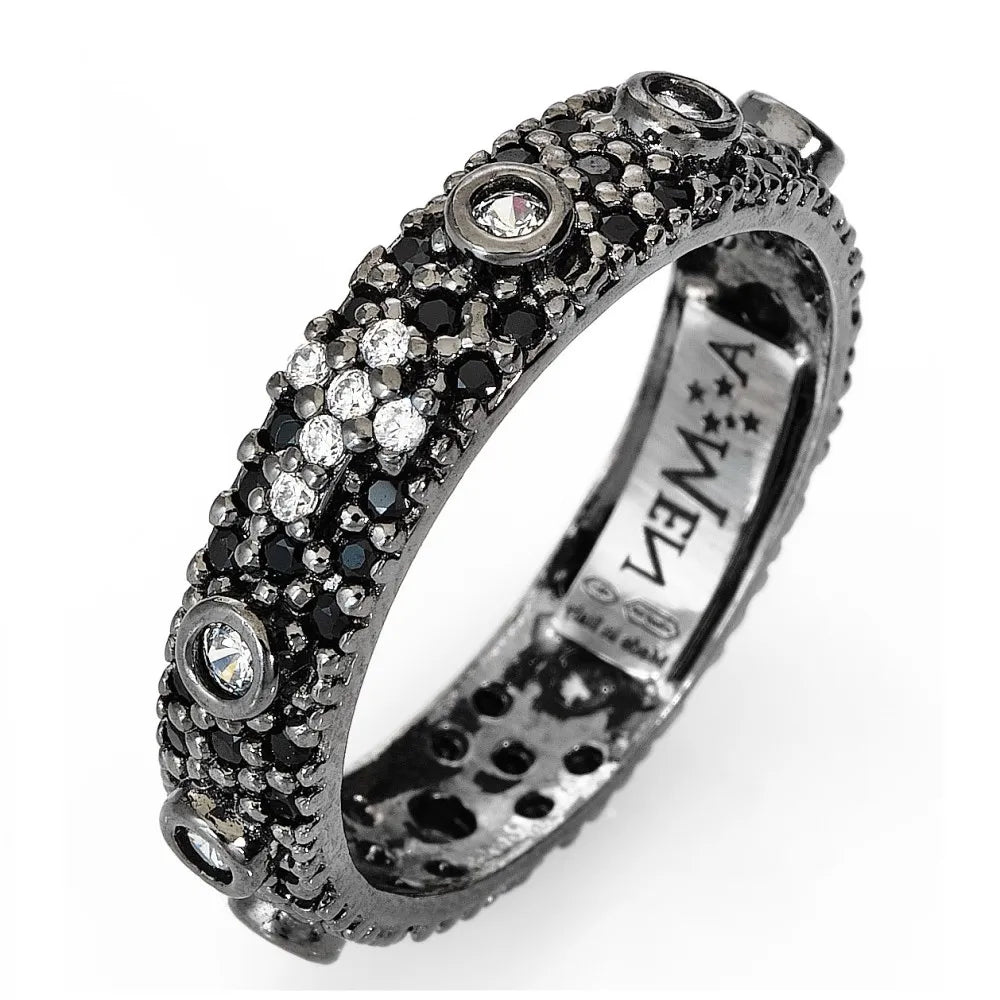 Anello Amen I Rosari Argento Brunito e Zirconi Neri - Misura 16