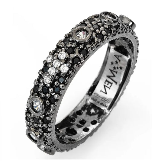 Anello Amen I Rosari Argento Brunito e Zirconi Neri - Misura 16