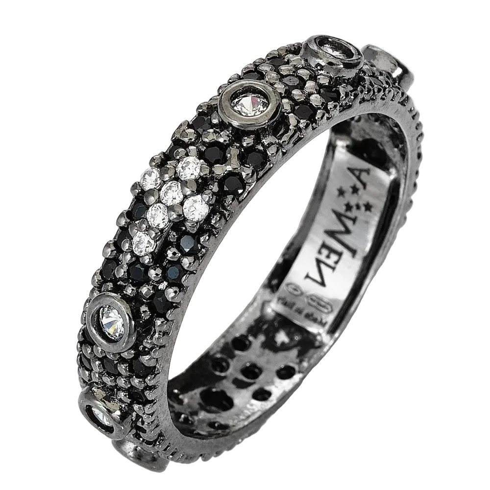Anello Amen I Rosari Argento Brunito e Zirconi Neri - Misura 16