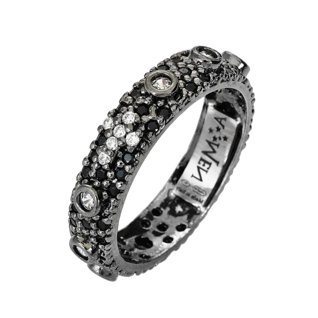 Anello Amen I Rosari Argento Brunito e Zirconi Neri - Misura 16