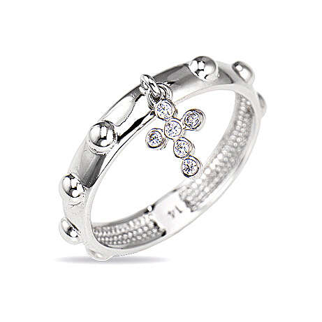 Anello Amen Argento Rosario Charm Croce Con Zirconi - Misura 16