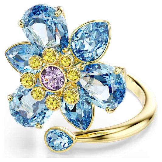 Anello Swarovski Idyllia aperto Taglio misto, Fiore, Blu, Placcato color oro - Misura 55