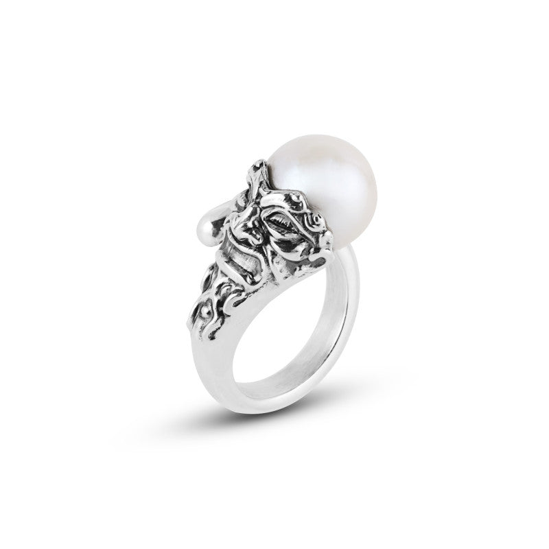 Anello Gerardo Sacco Mito-Perle Argento Maschera Apotropaica e Perla - Misura 16
