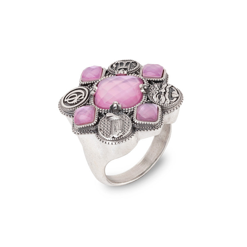 Anello Gerardo Sacco Magna Grecia Argento Pietre Sfaccettate Rosa - Misura 16