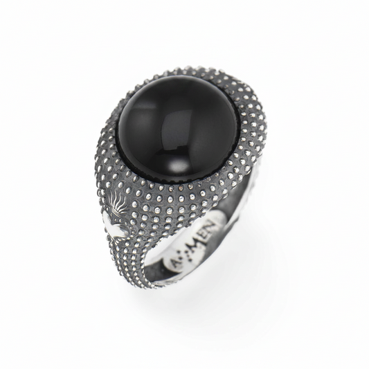 Anello Uomo Amen Sacro Cuore Argento Brunito Onice Cabochon - Misura 24