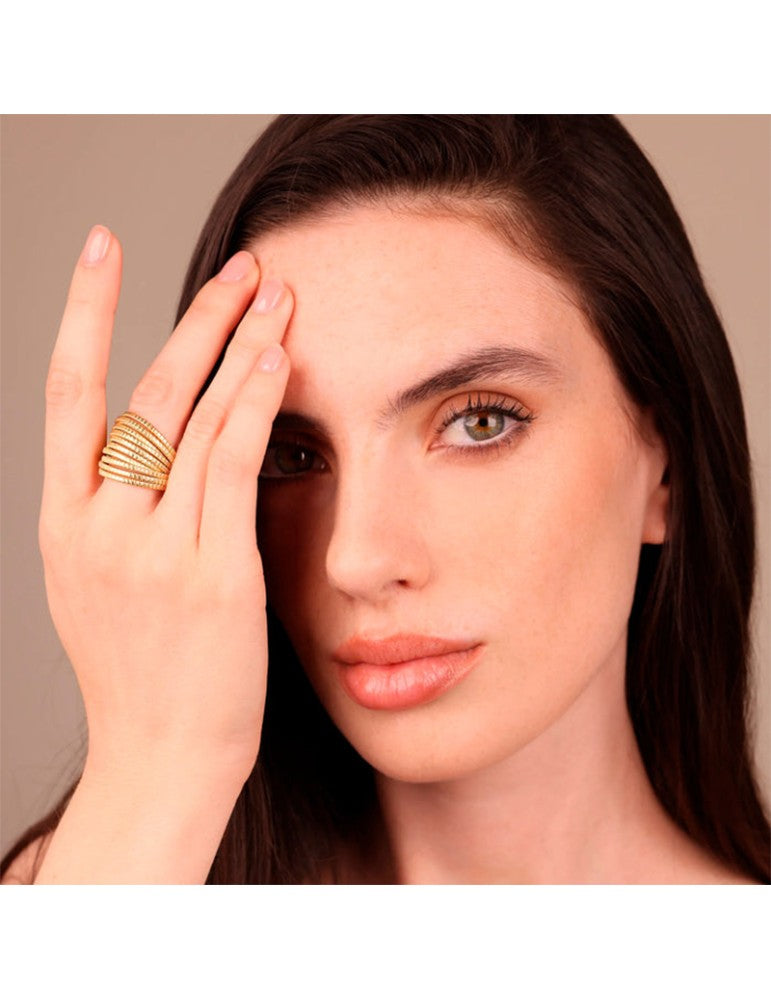 Anello a Fascia Etrusca Multifilo Rigato Tubogas Lega Golden Placcata Oro 18 kt - Misura 16