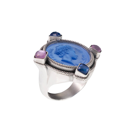 Anello Gerardo Sacco In Argento Con Pasta Vitrea Azzurra e Tiplette Misura 16