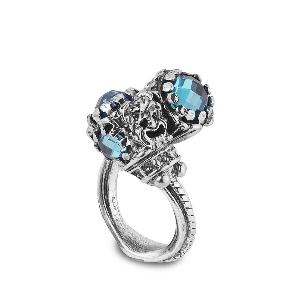 Anello Gerardo Sacco Mito-Iride Argento Contrariè Maschere, Cubic Zirconia Azzurro - Misura 18