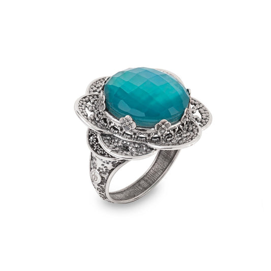 Anello Gerardo Sacco Ninfea Aperta Argento Pietra Verde Sfaccettata - Misura 18