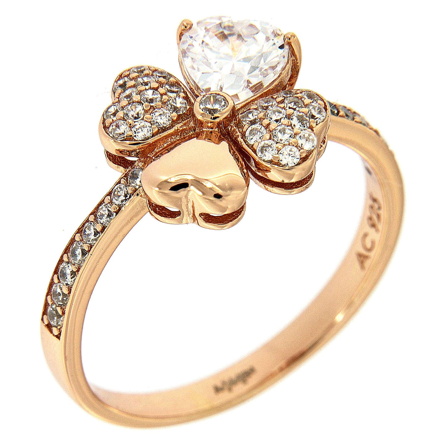 Anello Amen Amore Argento Rosato Quadrifoglio Cuori Cristalli e Pavè - Misura 10