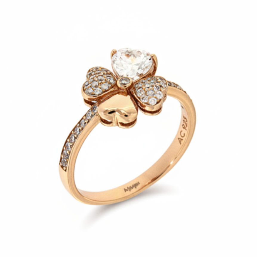 Anello Amen Amore Argento Rosato Quadrifoglio Cuori Cristalli e Pavè - Misura 10