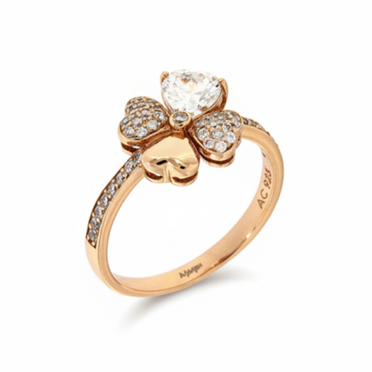 Anello Amen Amore Argento Rosato Quadrifoglio Cuori Cristalli e Pavè - Misura 10