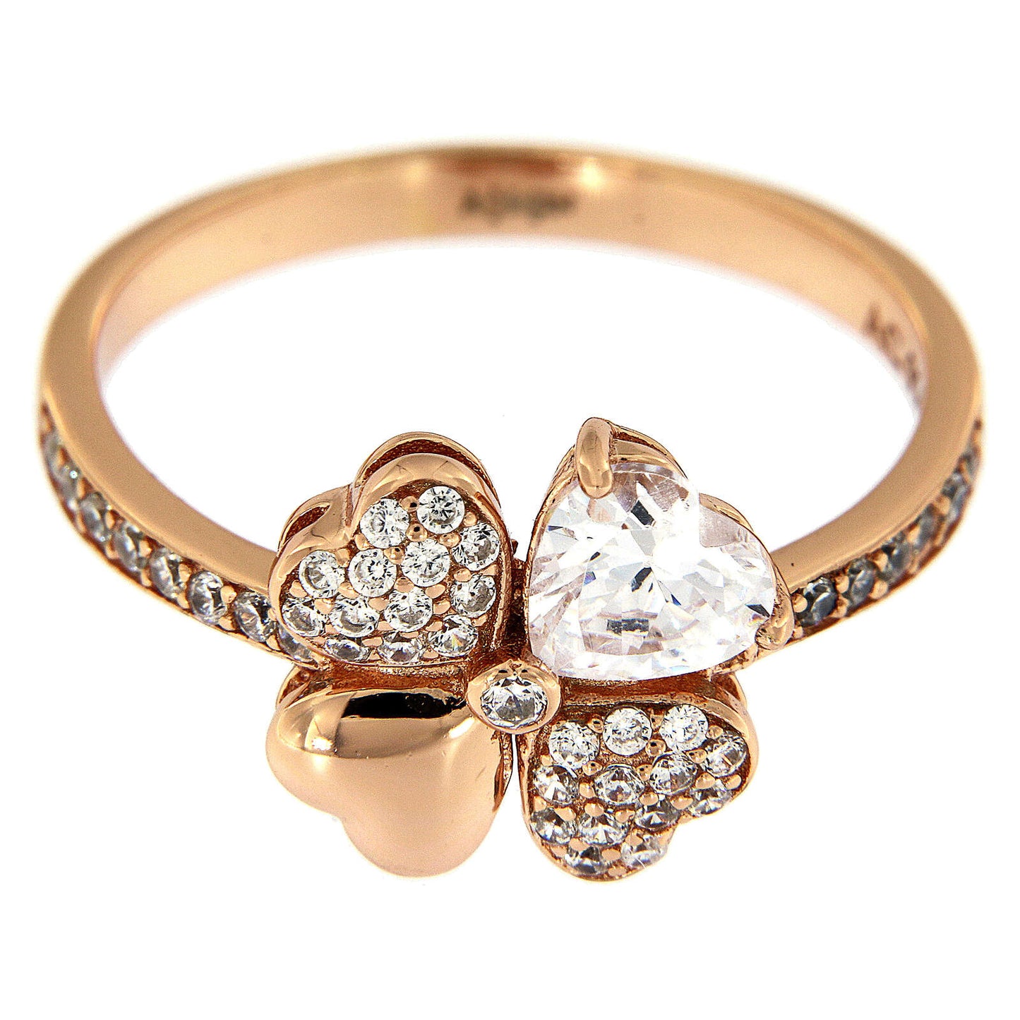 Anello Amen Amore Argento Rosato Quadrifoglio Cuori Cristalli e Pavè - Misura 10