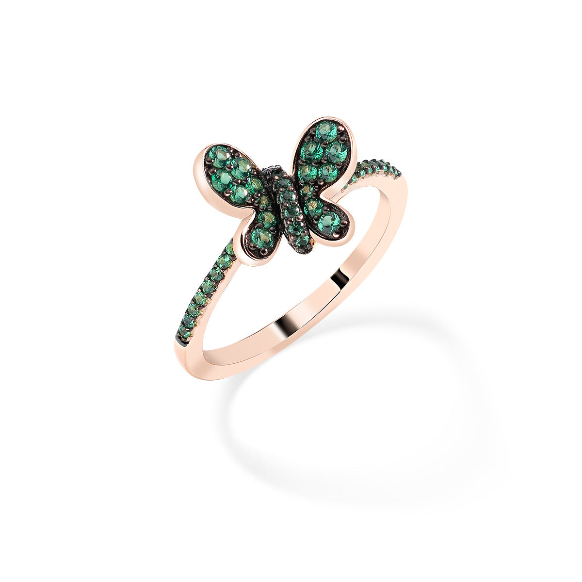 Anello Amen Farfalle Argento Rosato Farfalla Zirconi Verdi - Misura 16