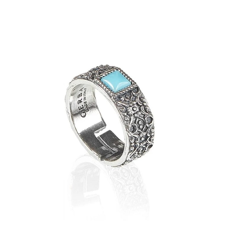 Anello a Fascia Regolabile Gerba Argento Antichizzato Pietra Turchese