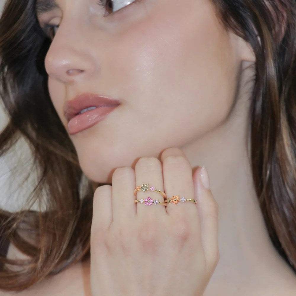 Anello Amen Regolabile Fiori Primula Argento Dorato Fiorellini Zirconi Multicolor - Misura 16 A 20