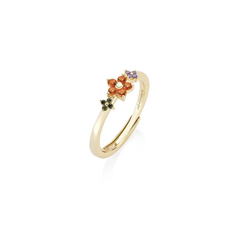 Anello Amen Regolabile Fiori Primula Argento Dorato Fiorellini Zirconi Multicolor - Misura 16 A 20