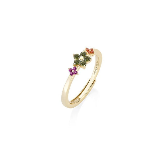 Anello Regolabile Amen Fiori Argento Dorato Fiore Zirconi e Fiorellini Multicolor - Misura 16-20
