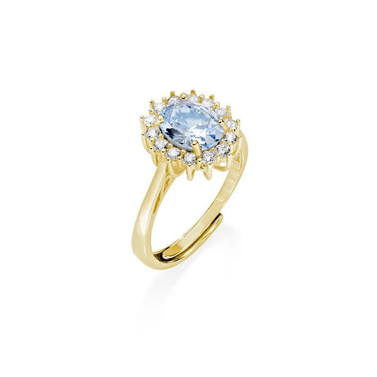 Anello Regolabile Amen Lady Royal Argento Dorato Modello Kate Zircone Ovale Color Acquamarina Contornato - Misura 16-20