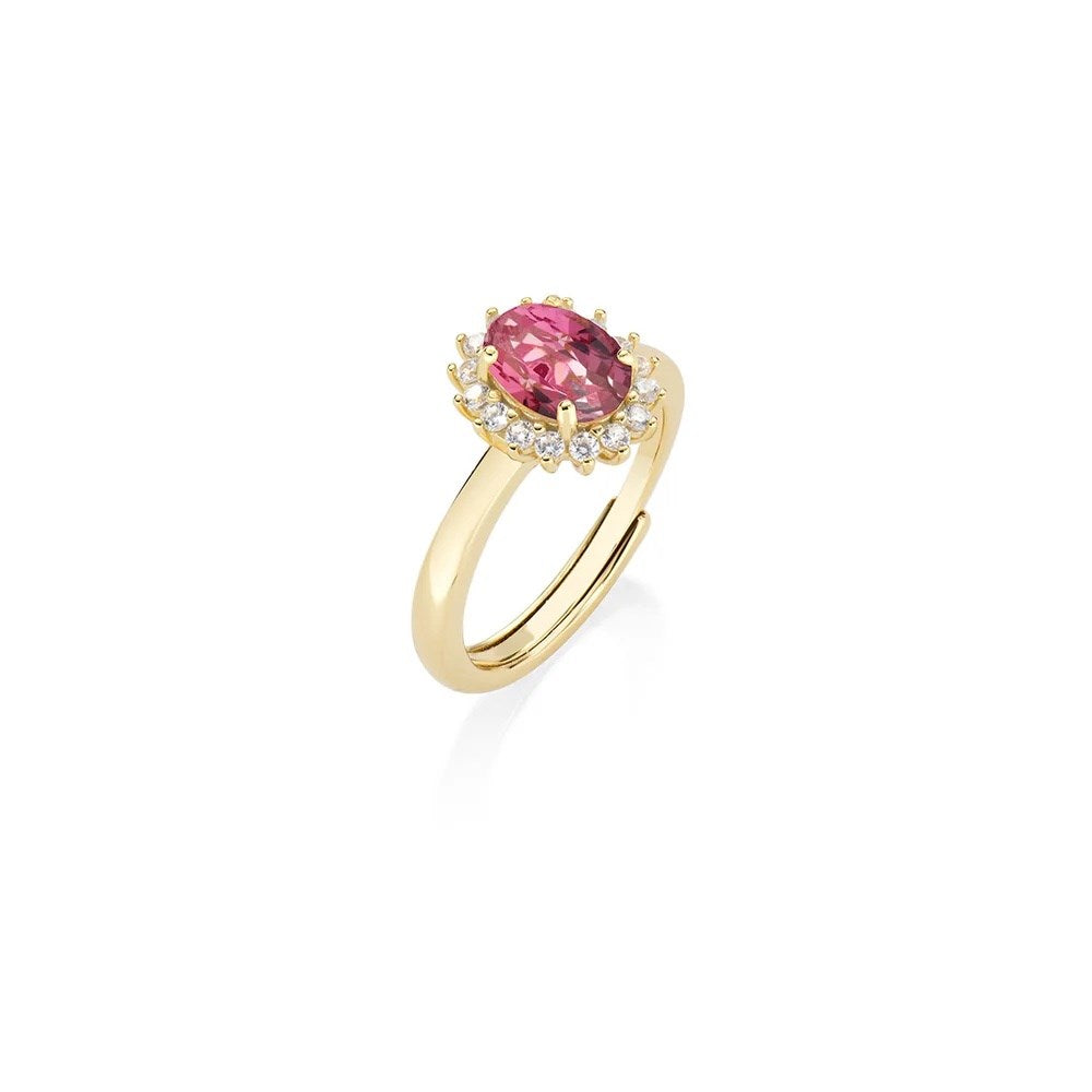 Anello Regolabile Amen Lady Royal Mini Argento Dorato Modello Kate Zircone Ovale Rosso Ciliegia Contornato - Misura 16-20