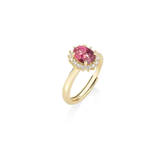 Anello Regolabile Amen Lady Royal Mini Argento Dorato Modello Kate Zircone Ovale Rosso Ciliegia Contornato - Misura 16-20