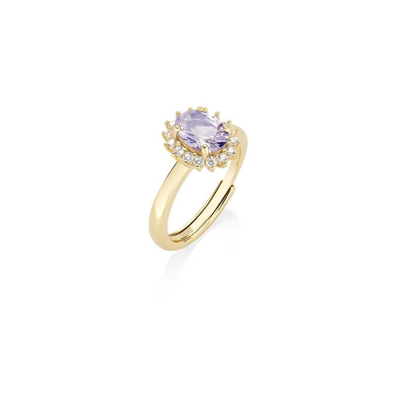Anello Regolabile Amen Lady Royal Mini Argento Dorato Modello Kate Zircone Ovale Lilla Contornato - Misura 10-14