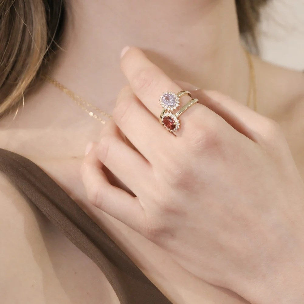 Anello Regolabile Amen Lady Royal Mini Argento Dorato Modello Kate Zircone Ovale Lilla Contornato - Misura 10-14