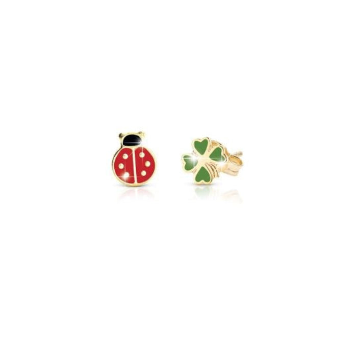 Orecchini Lobo Lebebé Prime Gioie Quadrifoglio e Coccinella Oro Giallo 9 Kt