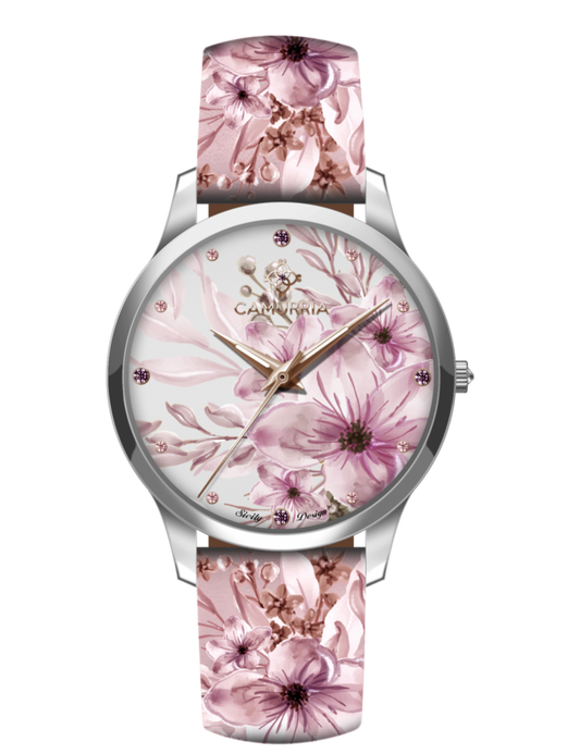 Orologio Camurrìa I Ciuri Glamour 37 mm Cinturino Pelle Stampa Fiori Fucsia