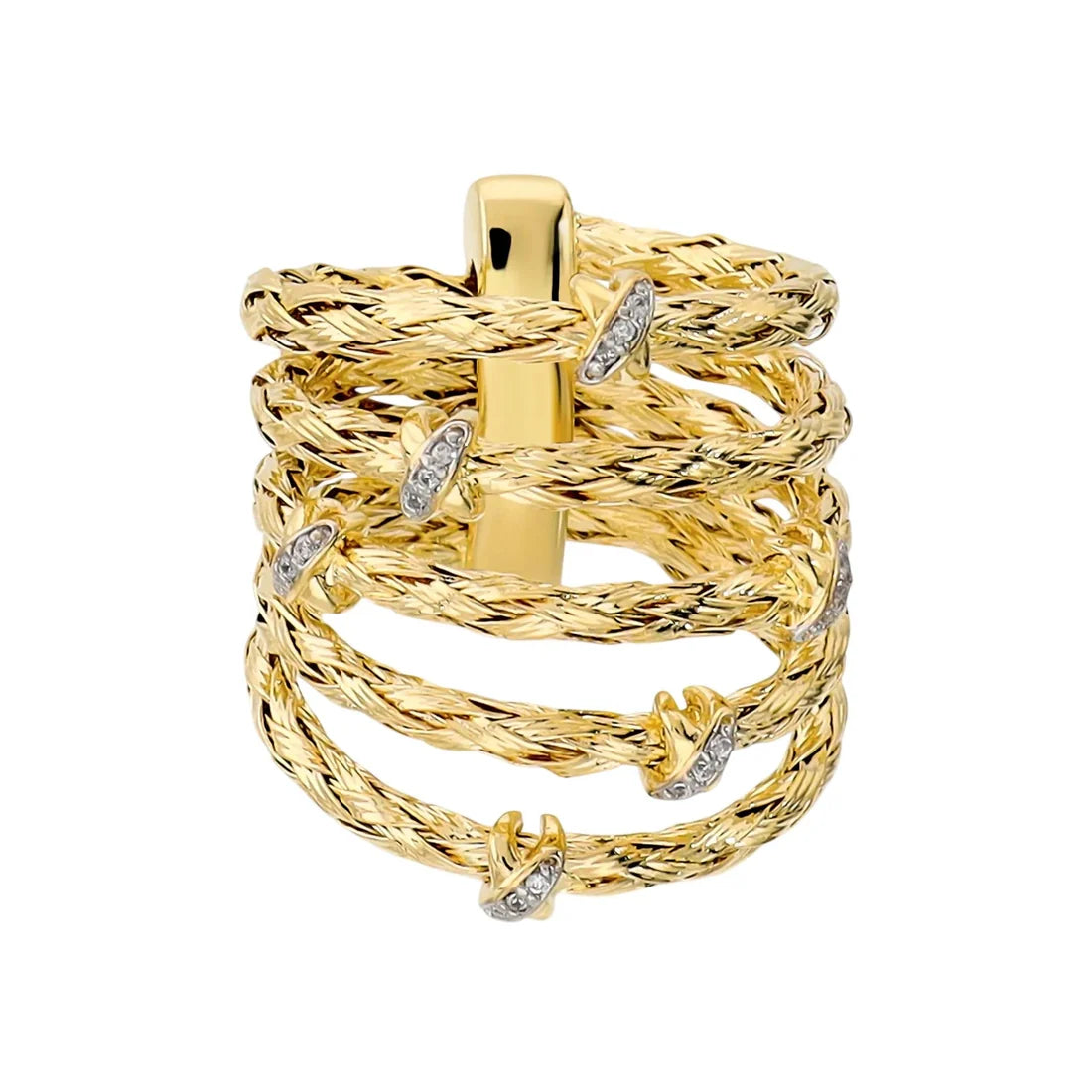 Anello 5 Fili Etrusca Gioielli Lega Golden Placcata Oro 18 Kt Torchon Con Cristalli - Misura 16