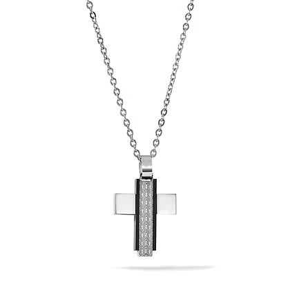 Collana Comete Texture Acciaio Con Pendente Croce Acciaio Pvd Nero