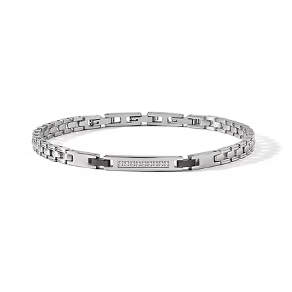 Bracciale Comete Diamonds Label Acciaio Piastrina Centrale Satinata Pvd Nero e Diamanti