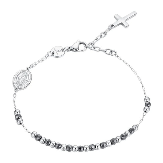 Bracciale Uomo Luca Barra Rosario Acciaio Sfere Ematite Grigia Medaglia Miracolosa e Croce