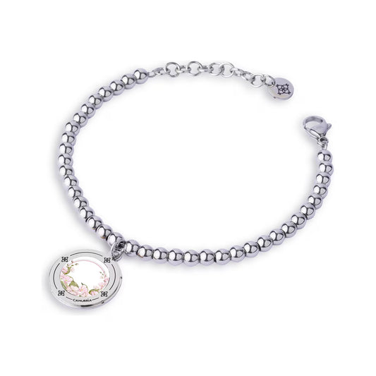 Bracciale Camurrìa A Rosa Acciaio Sferette Pendente Tondo Con Stampa Rose