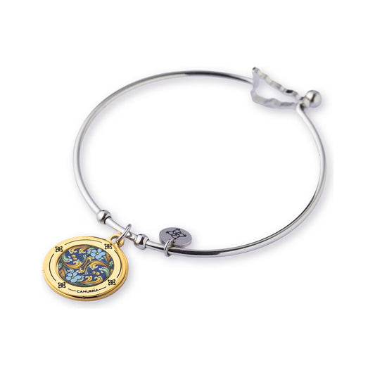 Bracciale Rigido Camurria Ferru Filatu Acciaio Charm Medaglia Tonda Pvd Oro Stampa Maiolica Chiusura Sicilia
