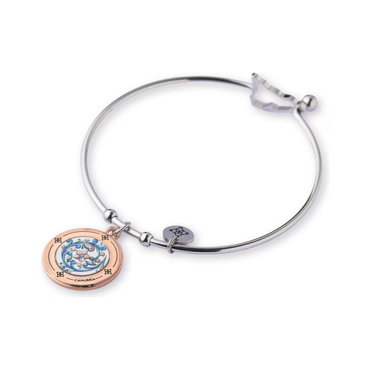 Bracciale Rigido Camurria Ferru Filatu Acciaio Charm Medaglia Tonda Pvd Oro Rosa Stampa Maiolica Chiusura Sicilia