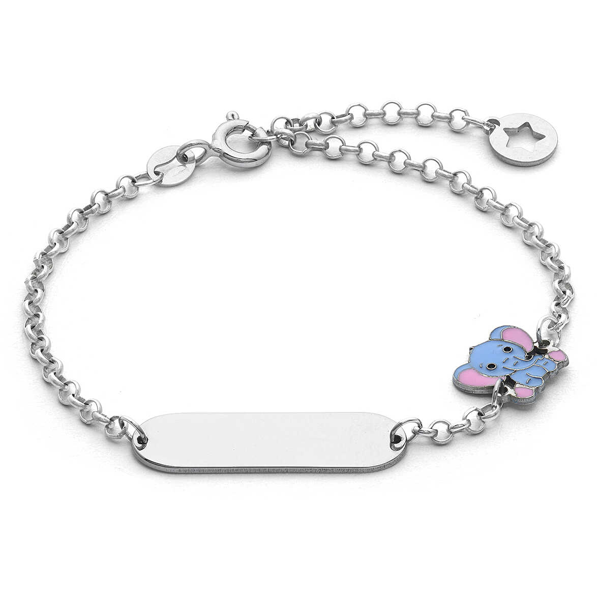 Bracciale Comete Kids Argento Piastrina ed Elefante Azzurro e Rosa