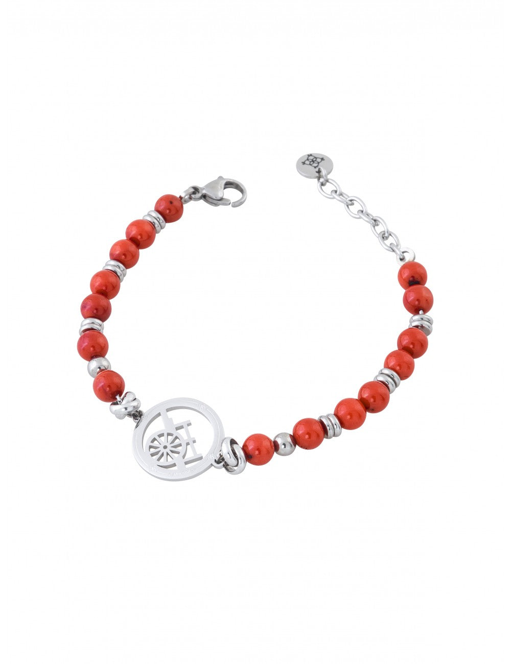 Bracciale Camurrìa U Carrettu in Acciaio Con Sfere Rosse e Centrale Con Carretto